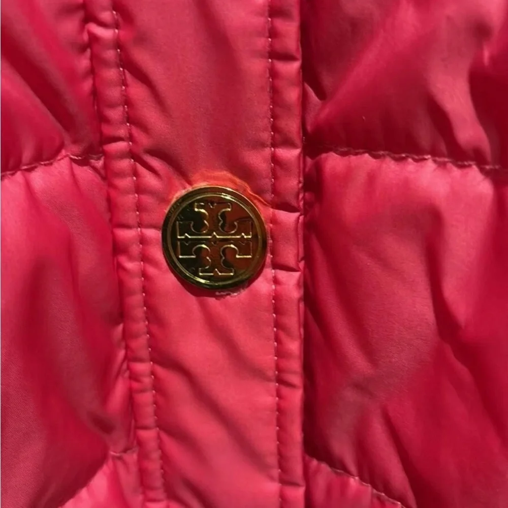 TORY BURCH Pink Quilted Puffer Sleeveless Jacket Vest  Gold LOGO Snap Buttons XL
